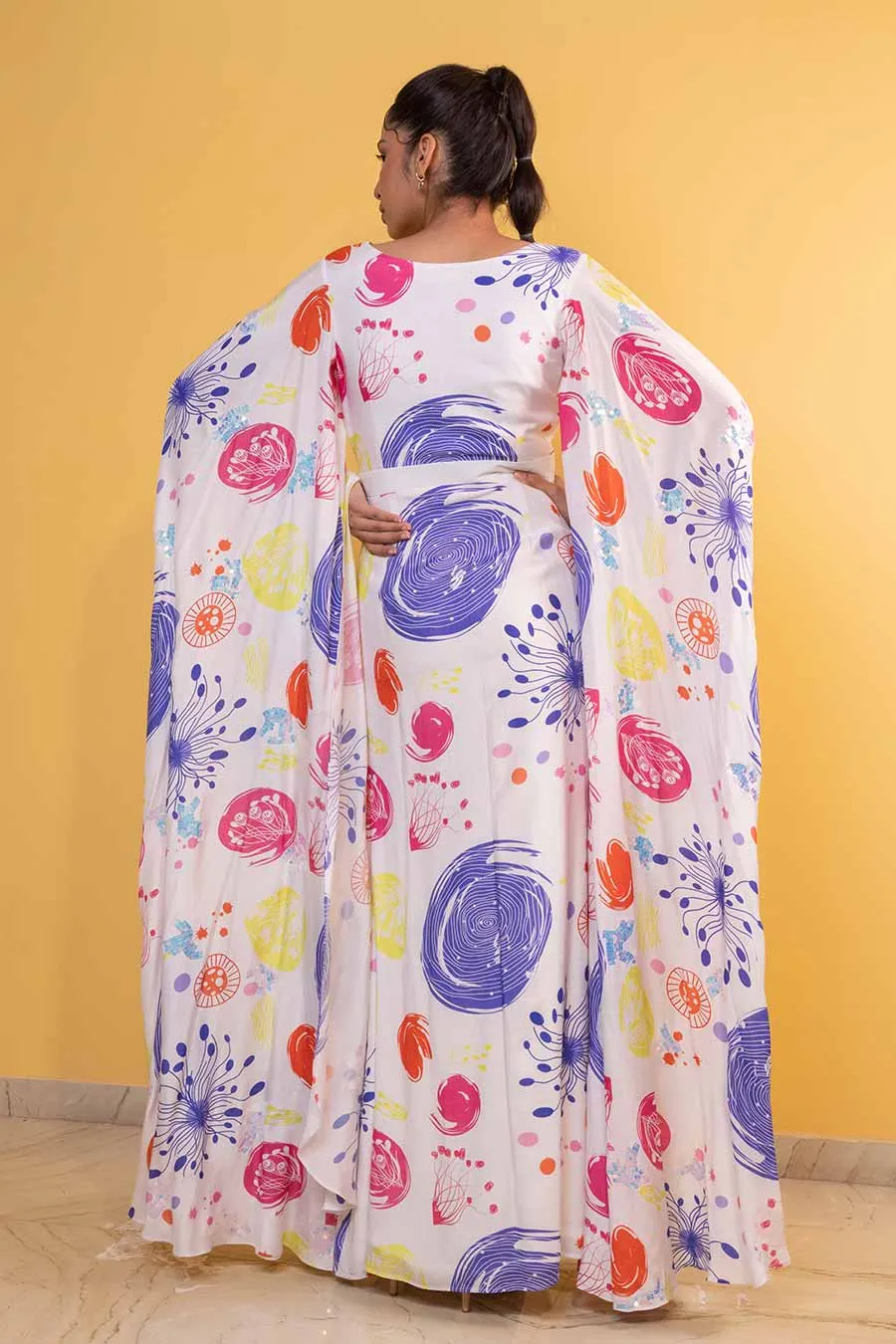 White Grooved Printed Overlap Dress
