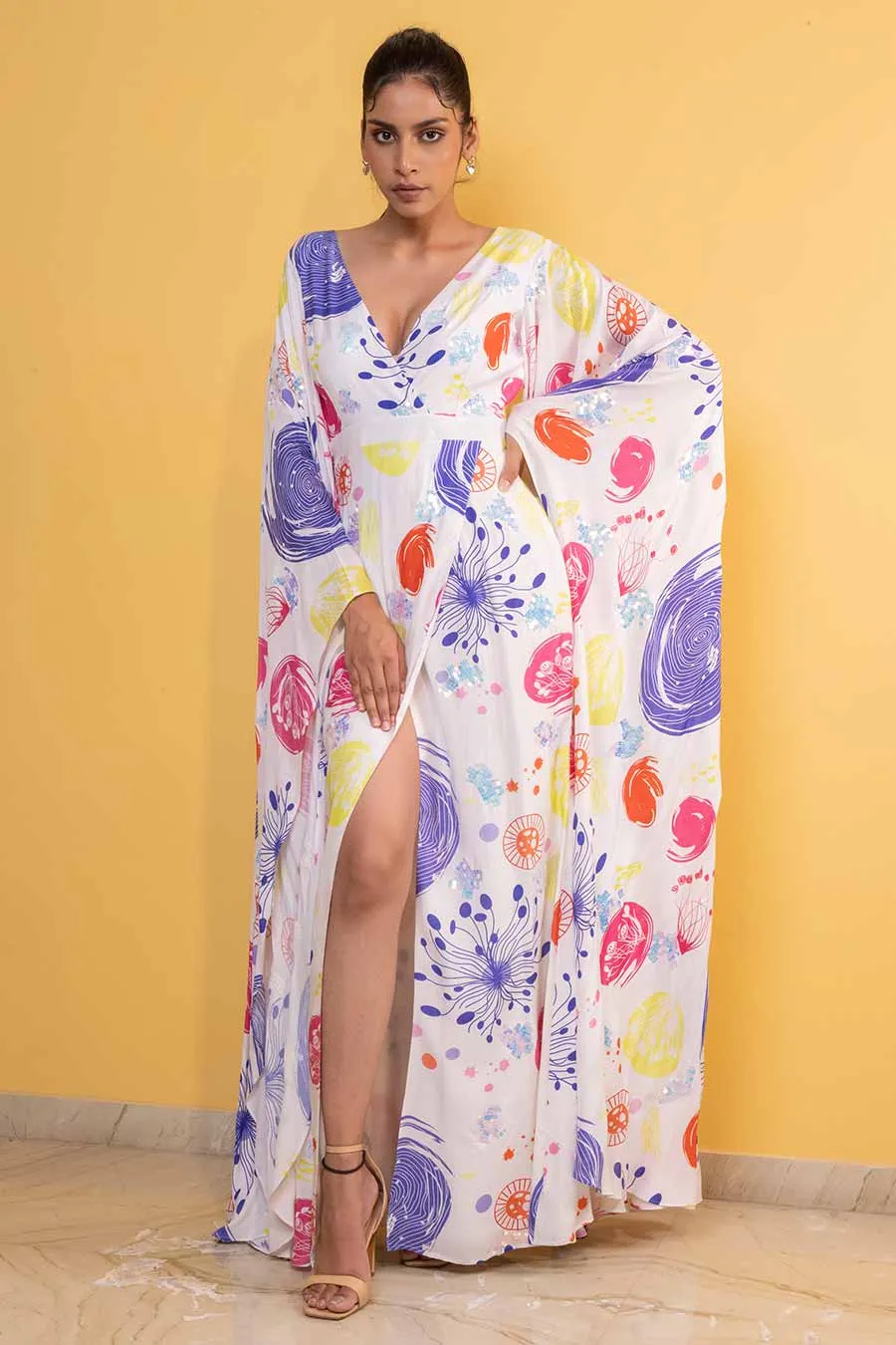White Grooved Printed Overlap Dress