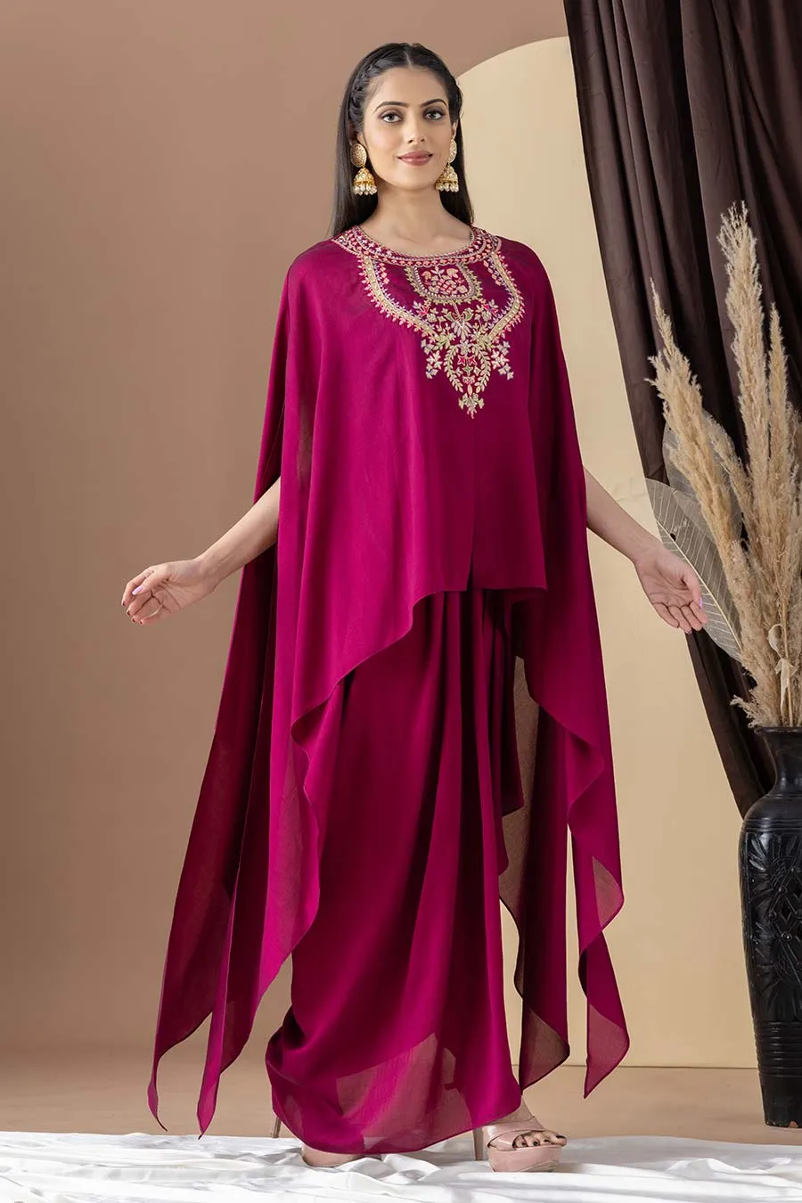 Wine Embroidered Cape & Drape Skirt Set