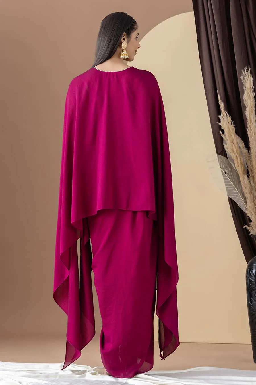 Wine Embroidered Cape & Drape Skirt Set