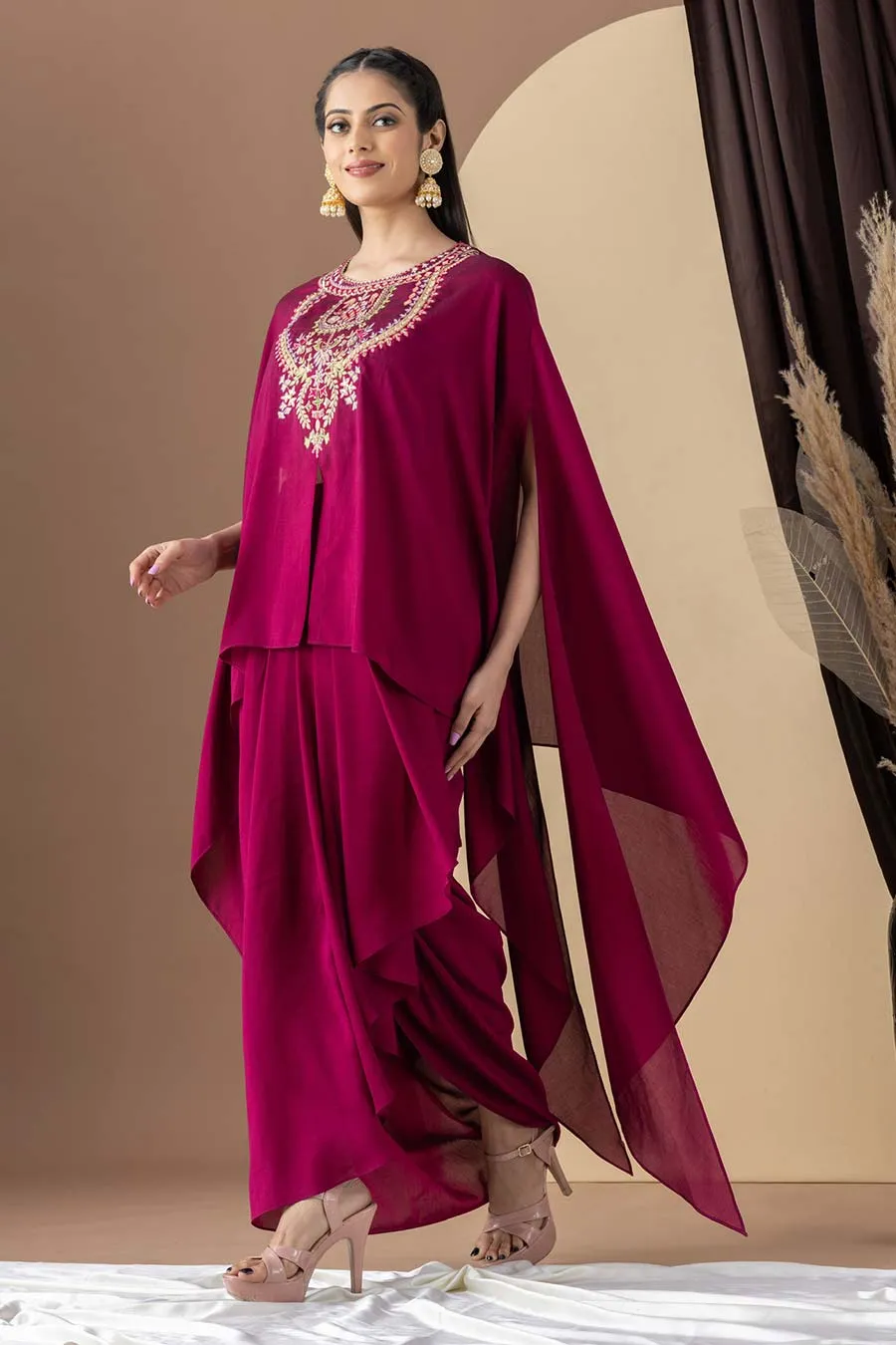 Wine Embroidered Cape & Drape Skirt Set