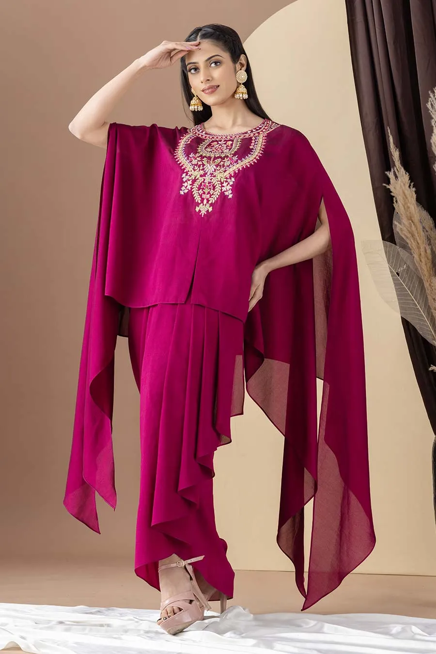 Wine Embroidered Cape & Drape Skirt Set