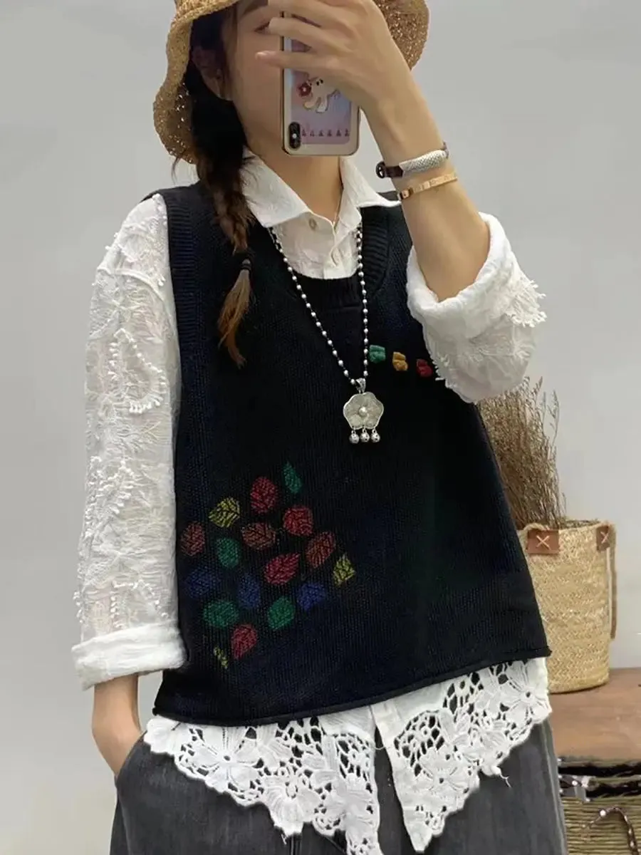 Women Leaf Print Knitted Vest