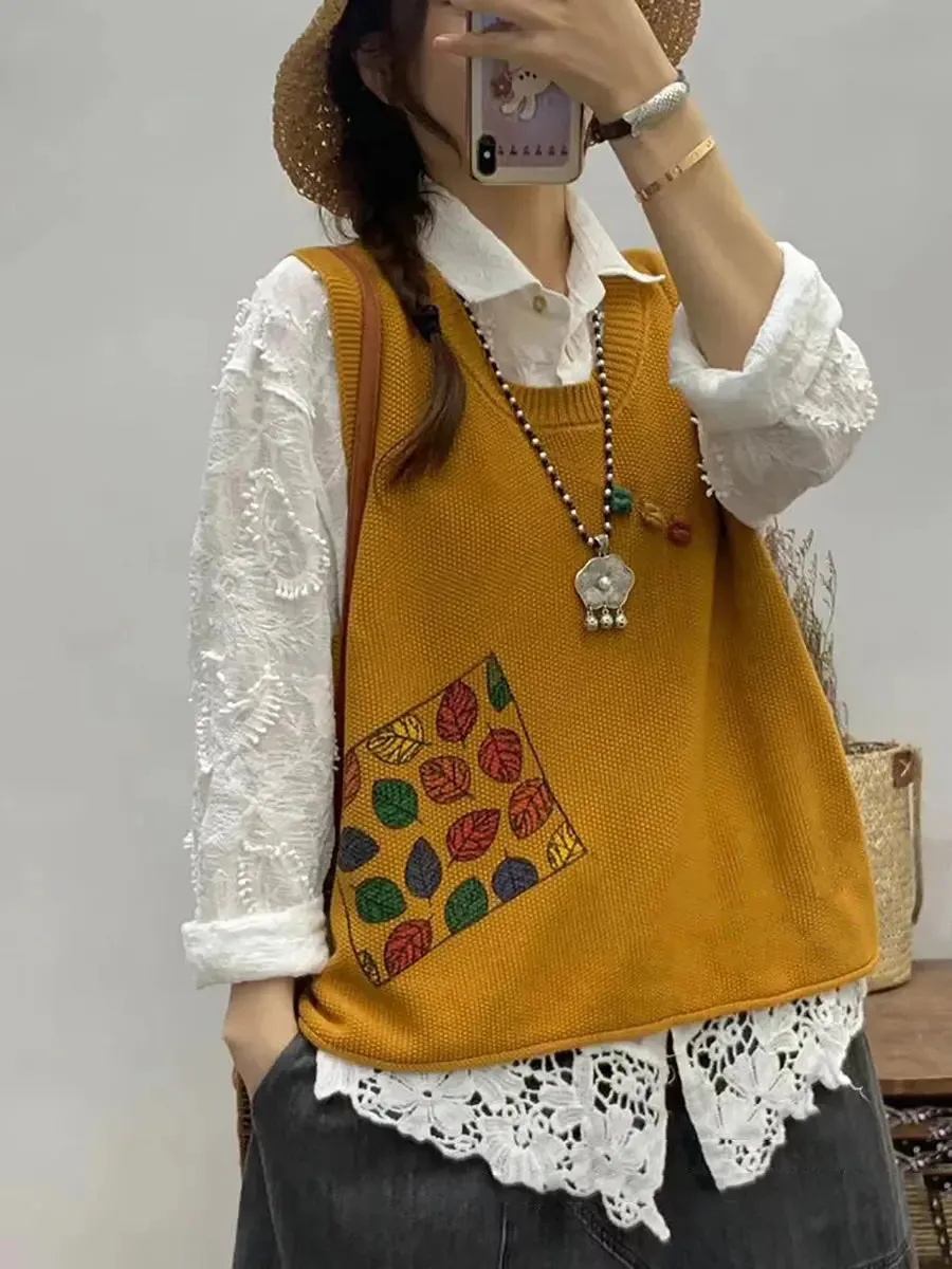 Women Leaf Print Knitted Vest