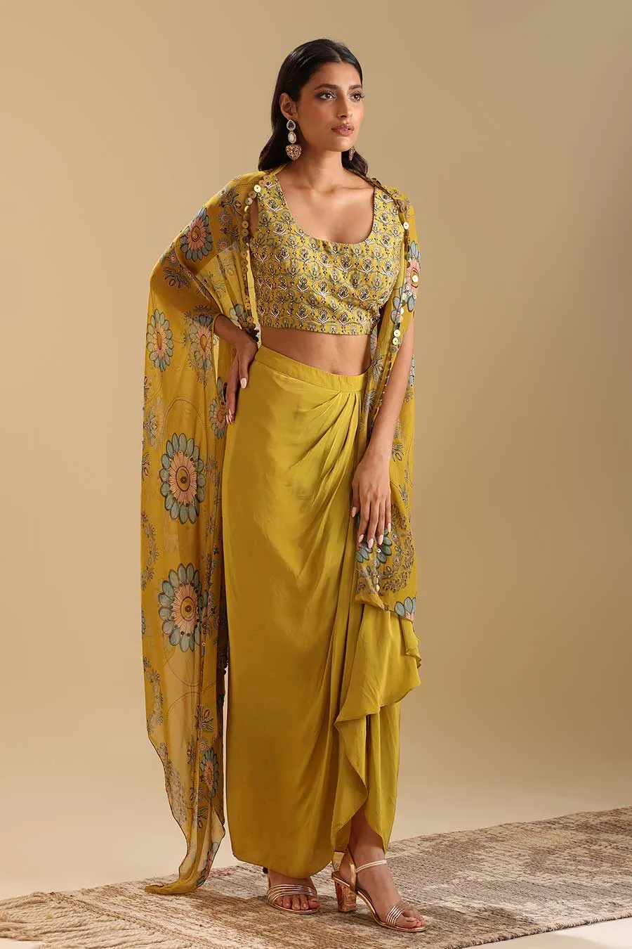 Yellow Eraya Embellished Drape Skirt Set With Cape