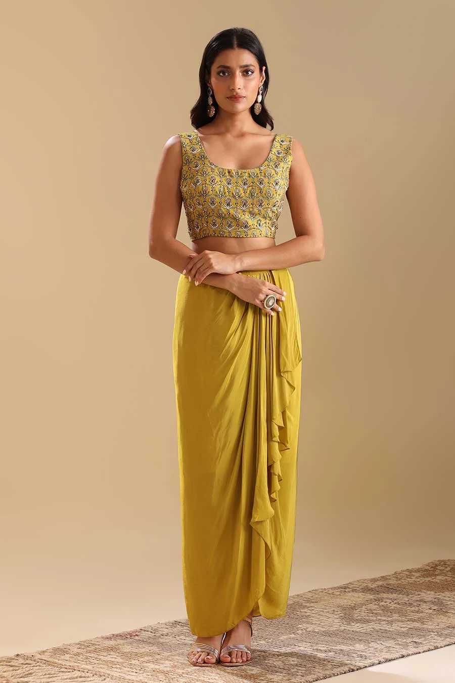 Yellow Eraya Embellished Drape Skirt Set With Cape