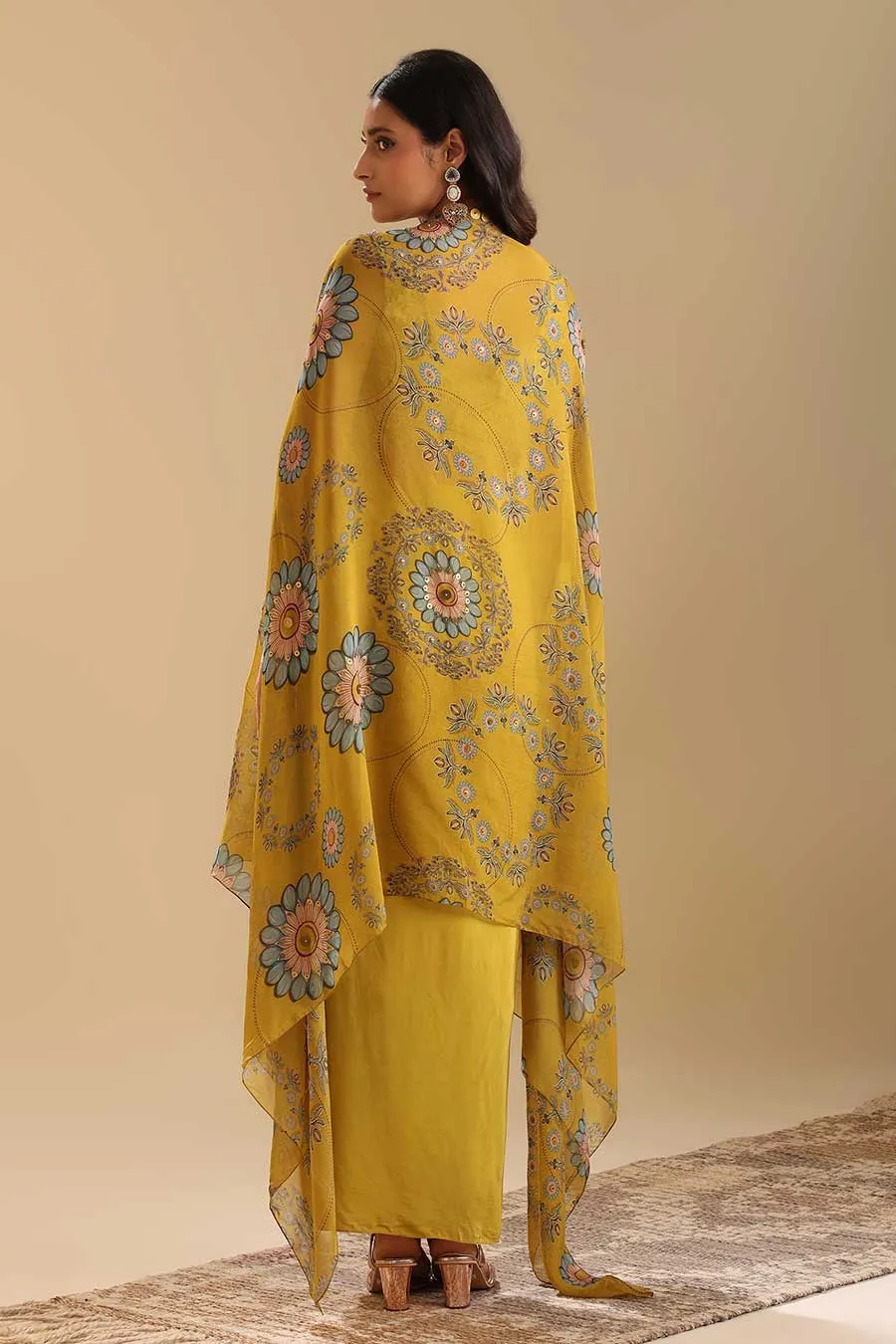 Yellow Eraya Embellished Drape Skirt Set With Cape