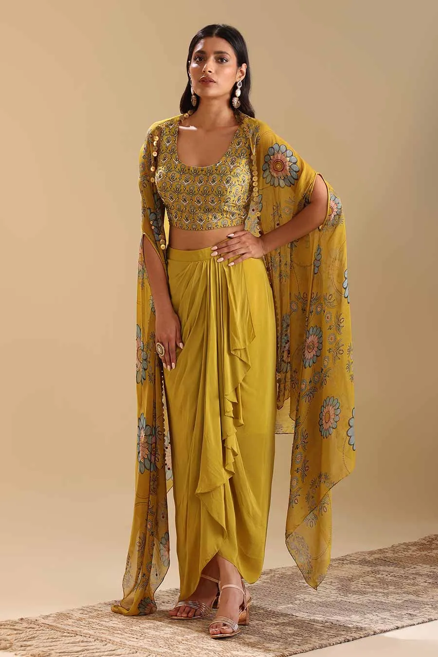 Yellow Eraya Embellished Drape Skirt Set With Cape