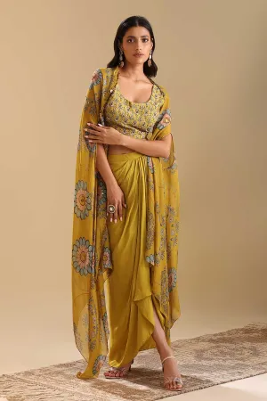 Yellow Eraya Embellished Drape Skirt Set With Cape