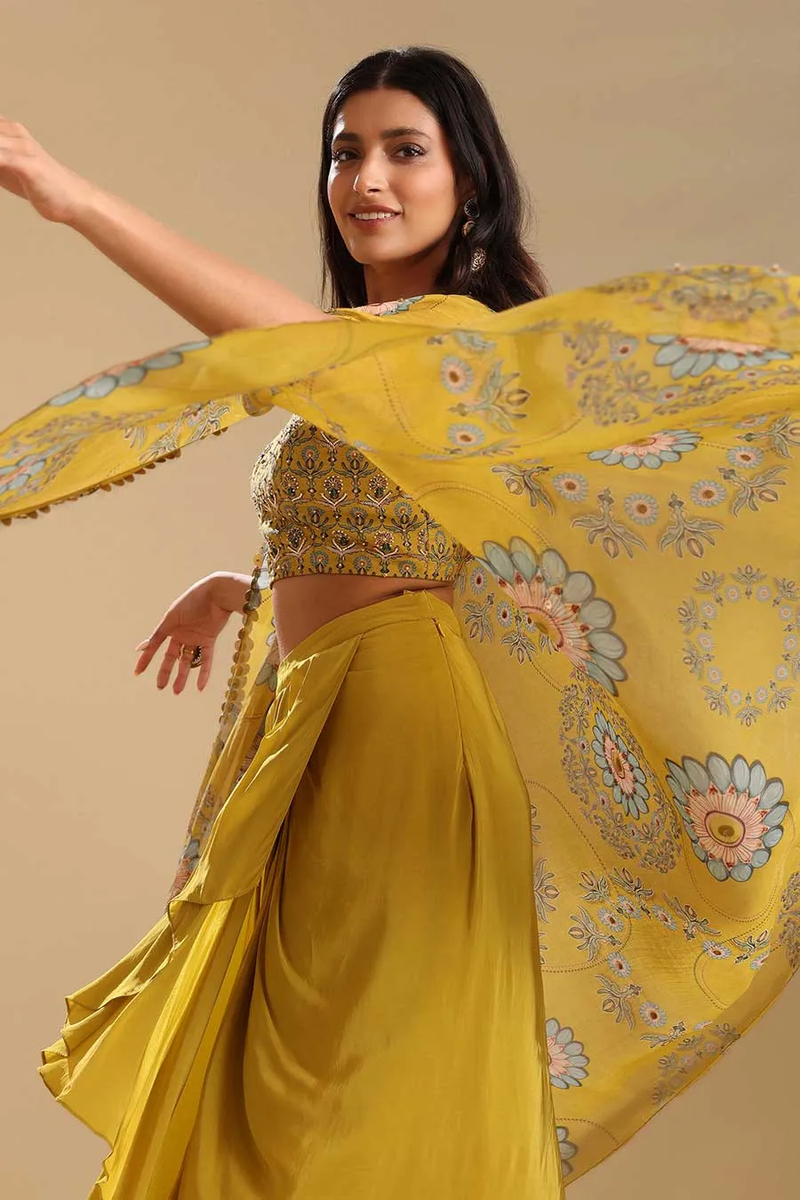Yellow Eraya Embellished Drape Skirt Set With Cape